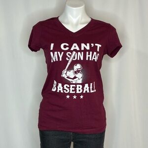 “I Can’t, My Son Has Baseball” Graphic Tee – Maroon Mom Shirt, Large